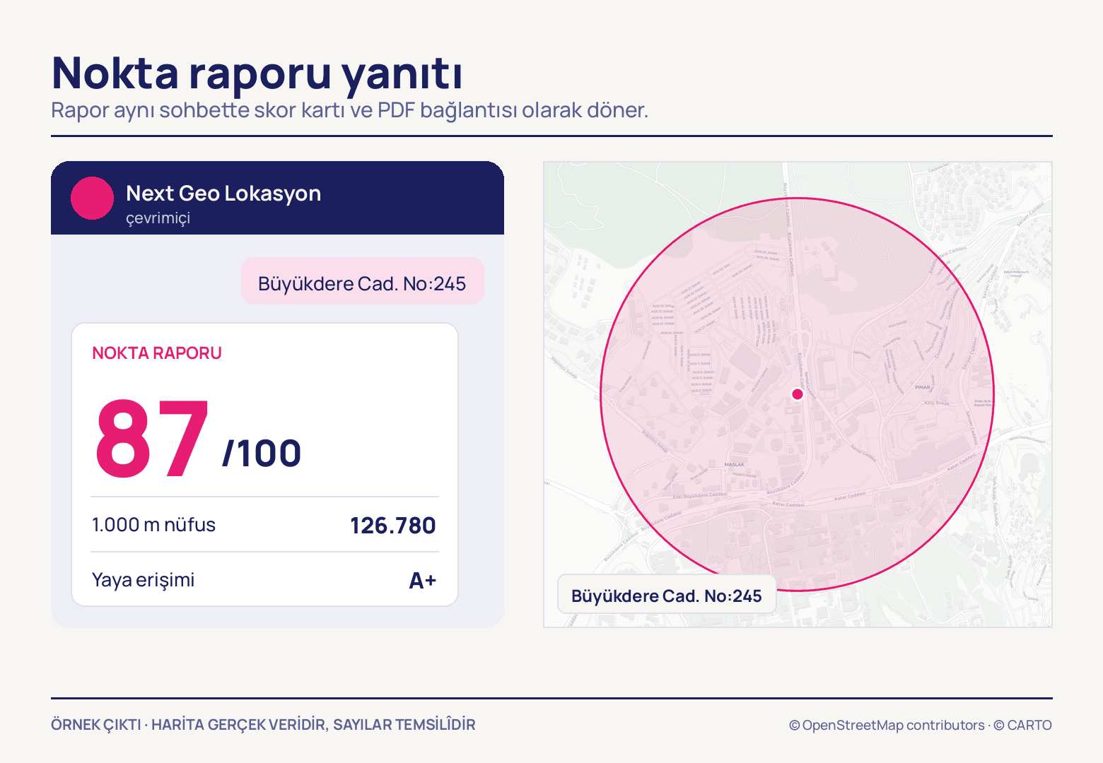 WhatsApp sohbetinde gönderilen Büyükdere Cad. No:245 adresine karşılık dönen skor kartı: 87/100, 1.000 m nüfus 126.780 ve A+ yaya erişimi; sağda noktayı çevreleyen pembe kapsama dairesi.