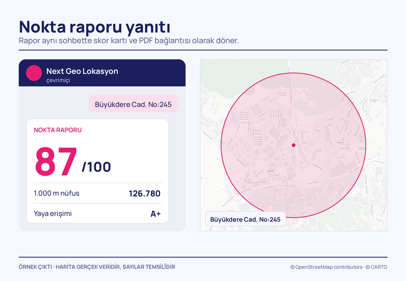 WhatsApp sohbetinde gönderilen Büyükdere Cad. No:245 adresine karşılık dönen skor kartı: 87/100, 1.000 m nüfus 126.780 ve A+ yaya erişimi; sağda noktayı çevreleyen pembe kapsama dairesi.