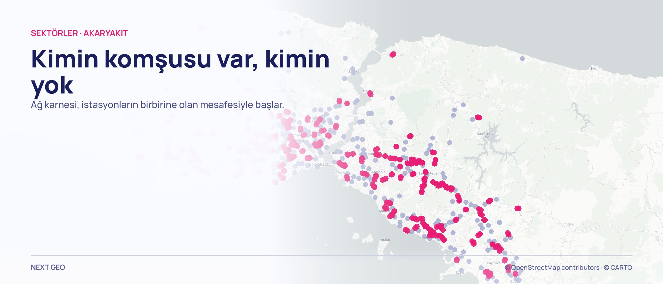 Açık gri il haritası üzerinde iki tonlu nokta ağı: yakınında bir başkası duran istasyonlar pembe, tek başına duranlar soluk mor.