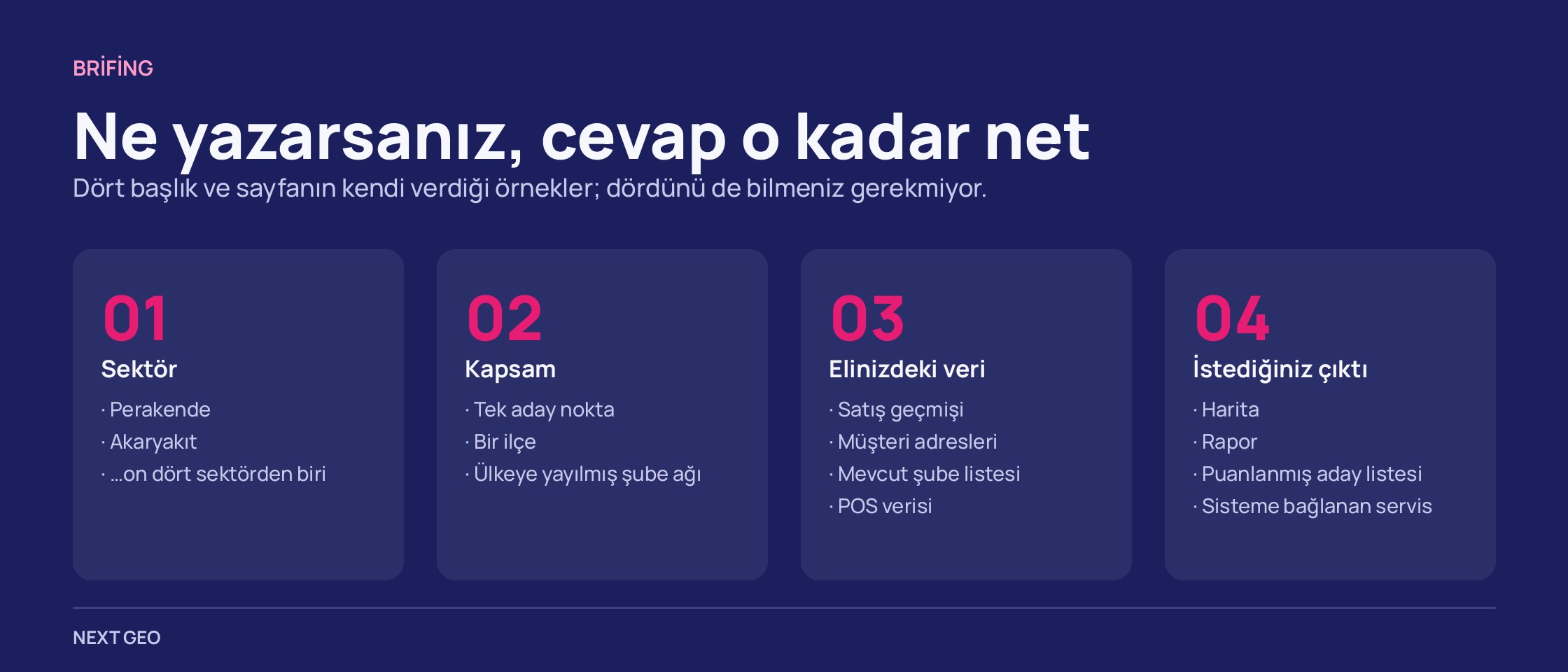 Koyu zeminde dört sütun: sektör, kapsam, elinizdeki veri ve istediğiniz çıktı için örnek cevaplar.