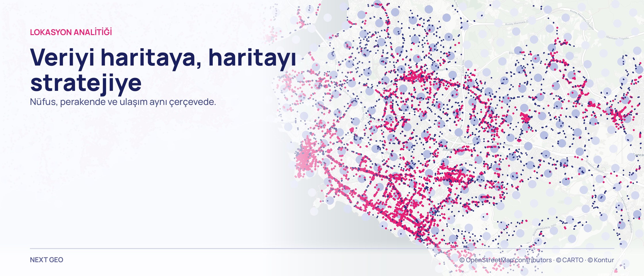 Açık gri İstanbul haritası; soluk mavi nüfus dokusunun üzerinde pembe ve lacivert nokta katmanları.
