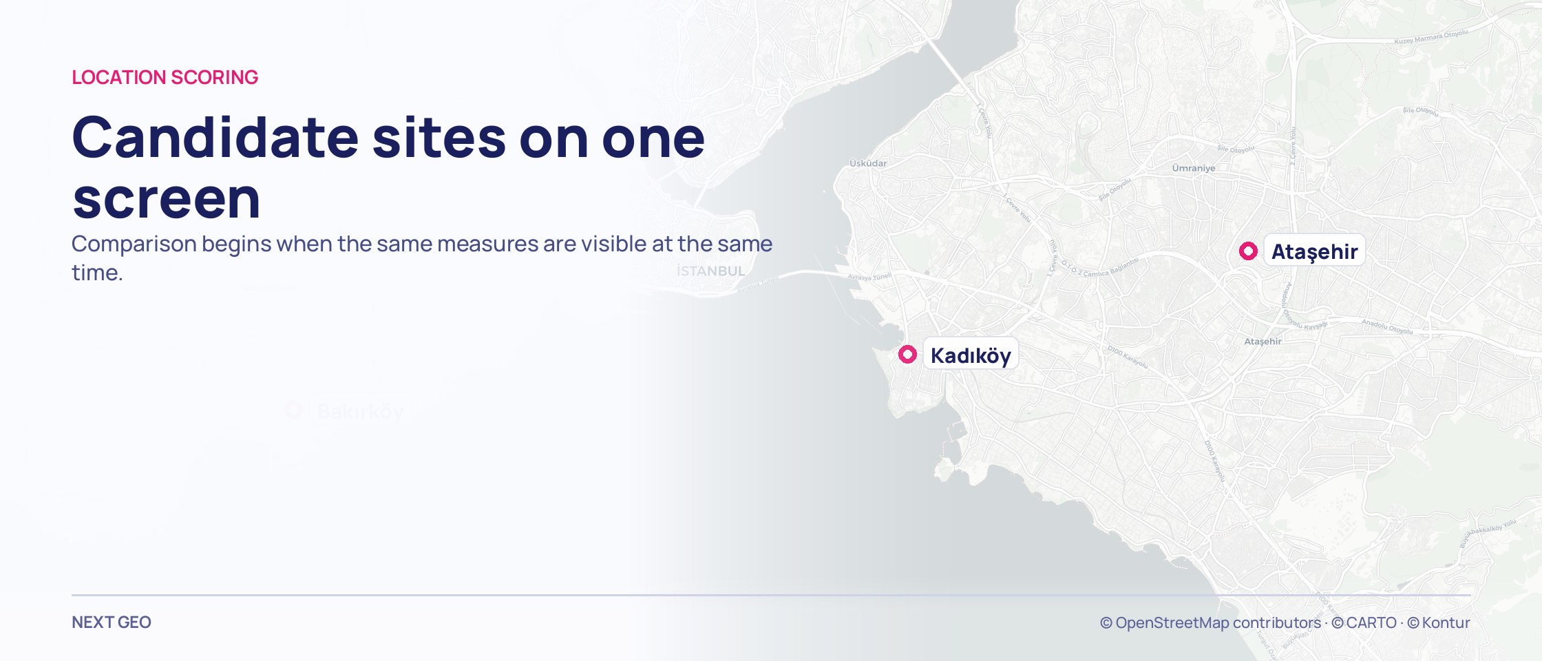 A pale grey map of Istanbul with three candidate points named by pink markers.