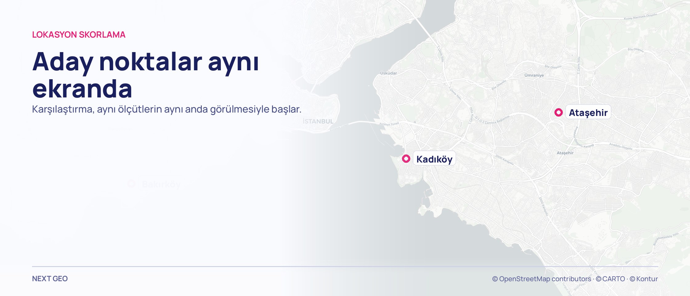 Açık gri İstanbul haritasında pembe işaretlerle adlandırılmış üç aday nokta.