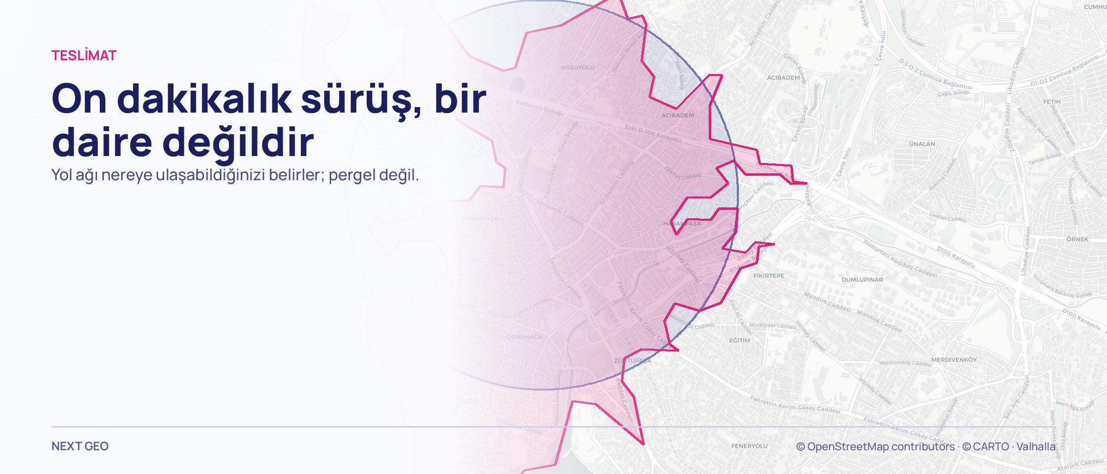 Açık gri Kadıköy haritasında yollara oturan pembe bir alan ve onunla aynı büyüklükte mavi bir daire.