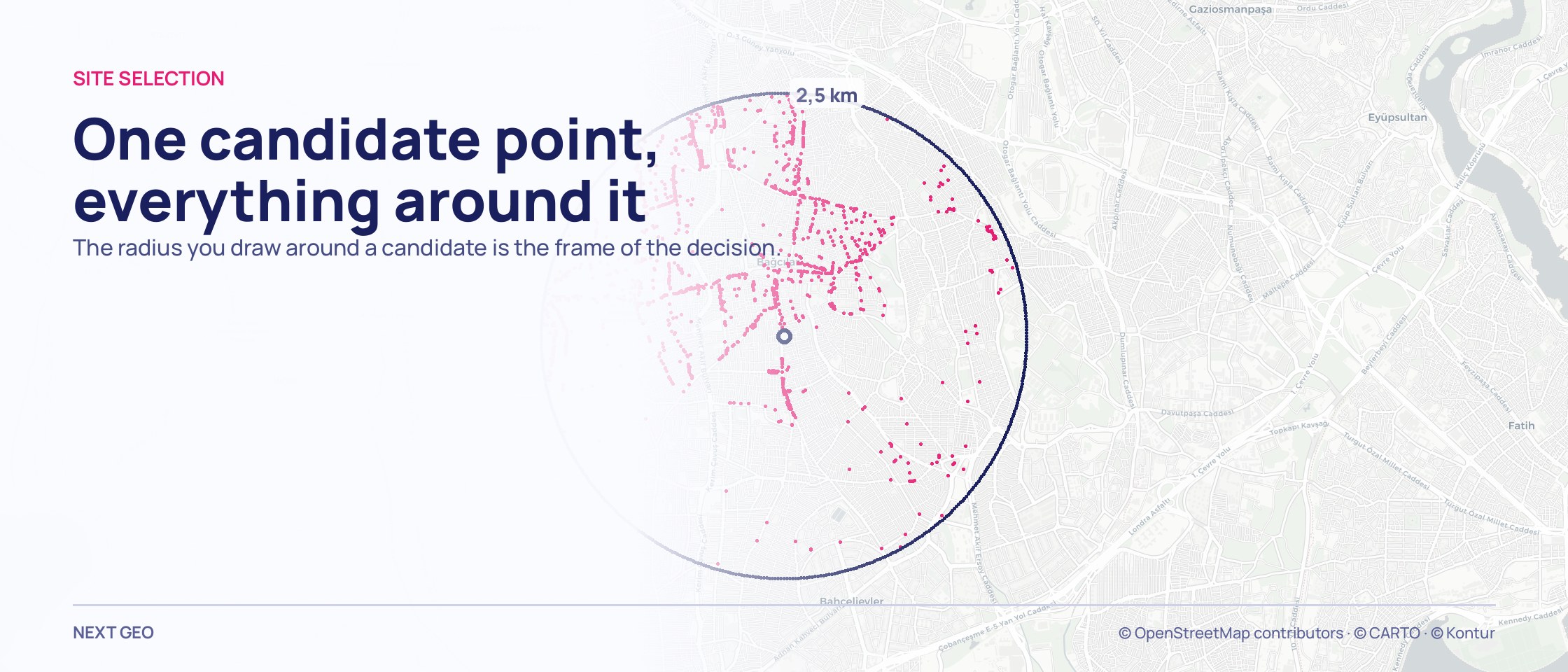 A pale grey map of Istanbul with a navy circle and pink points filling it.