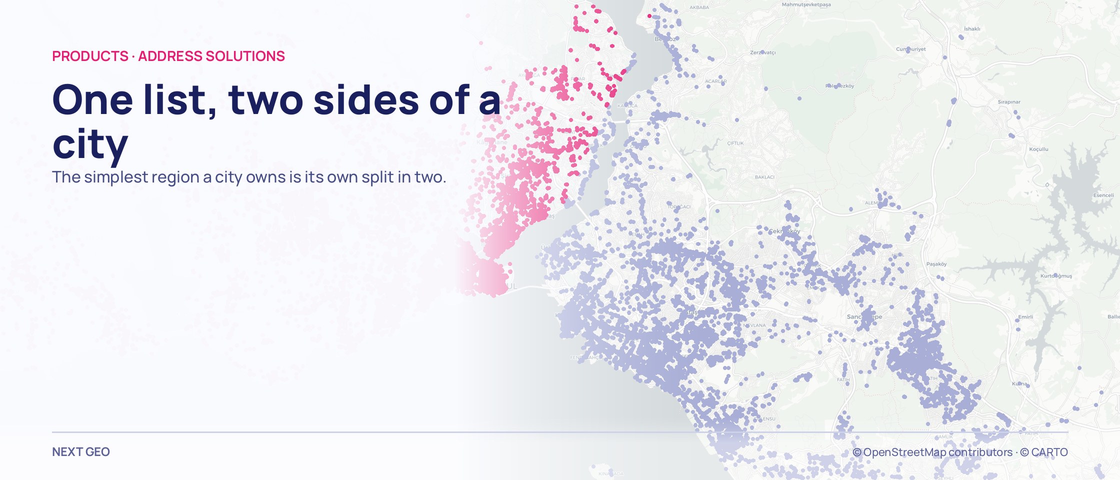 A dense mass of dots spread either side of the Bosphorus on an İstanbul map: pink on the western shore, pale lilac on the eastern one, the water itself drawing the division.