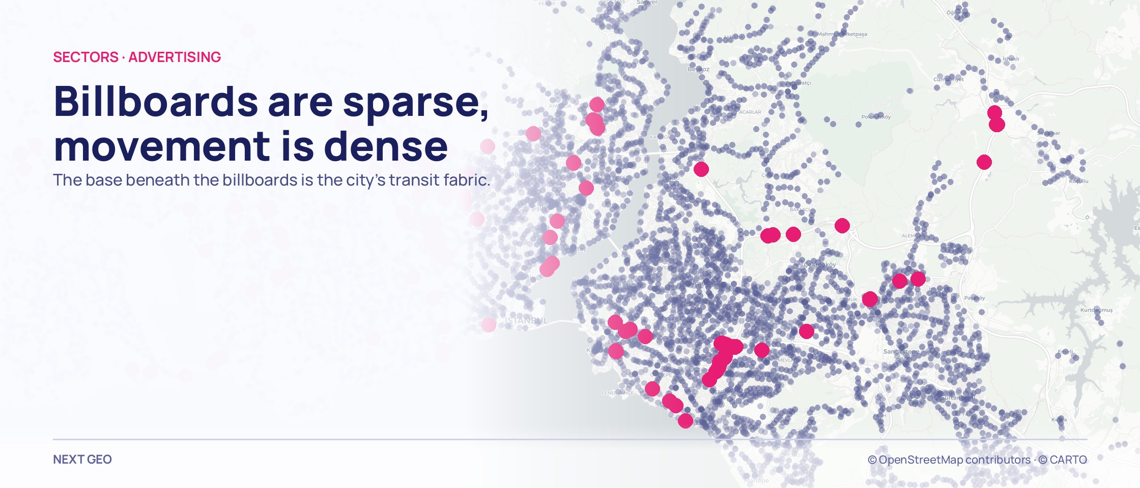 Advertising structures as large pink dots over a pale fabric of transit stops.