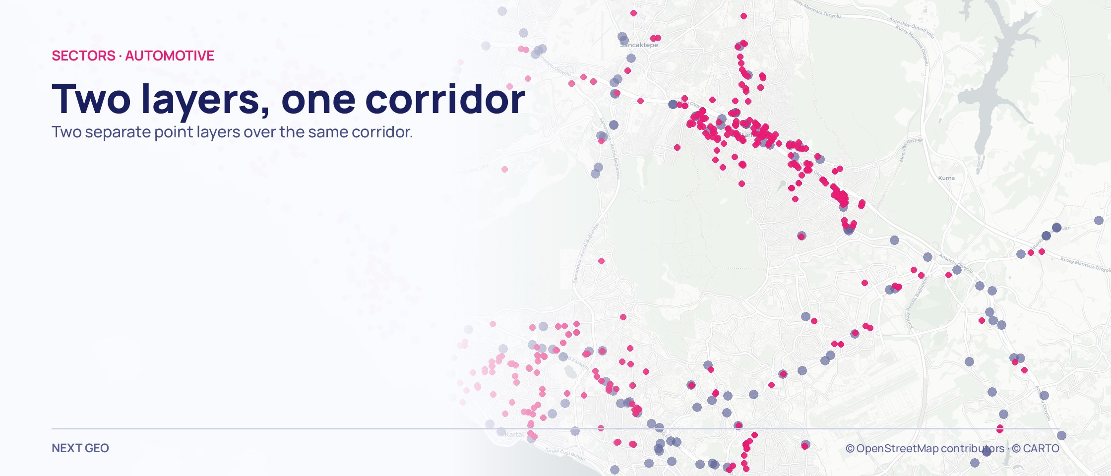 Pink automotive points over navy fuel stations across the Maltepe–Tuzla frame.