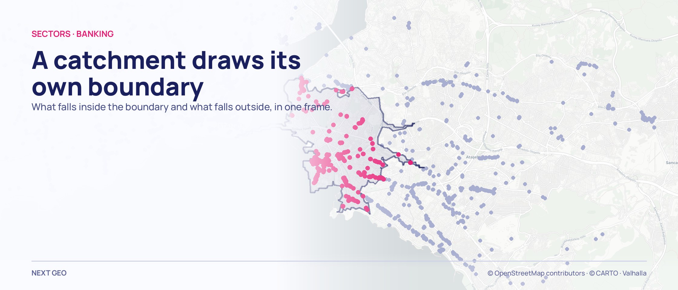 An area ringed by a navy contour on a pale grey Kadıköy map, filled with pink dots, with paler lilac dots outside it.
