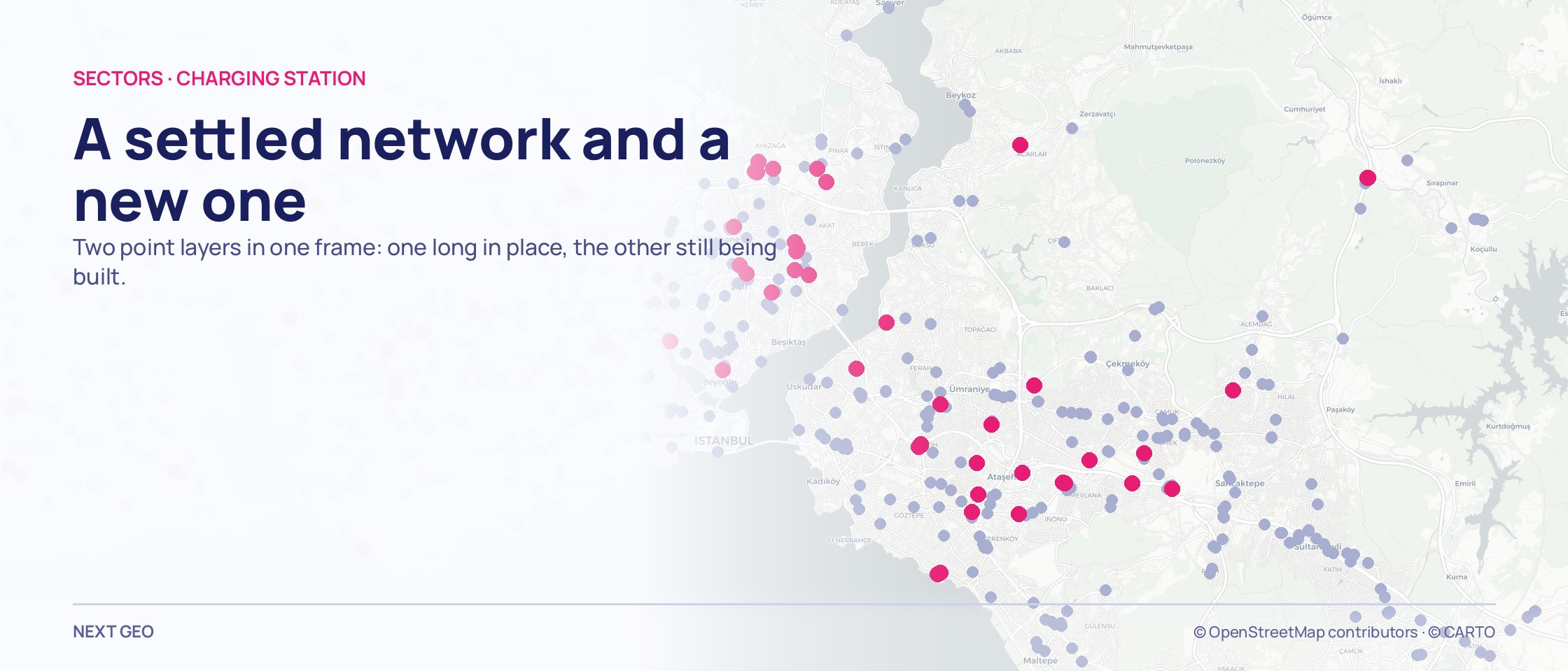 A widespread pale lilac fuel network over a metropolitan İstanbul map, with pink charging points scattered among it.