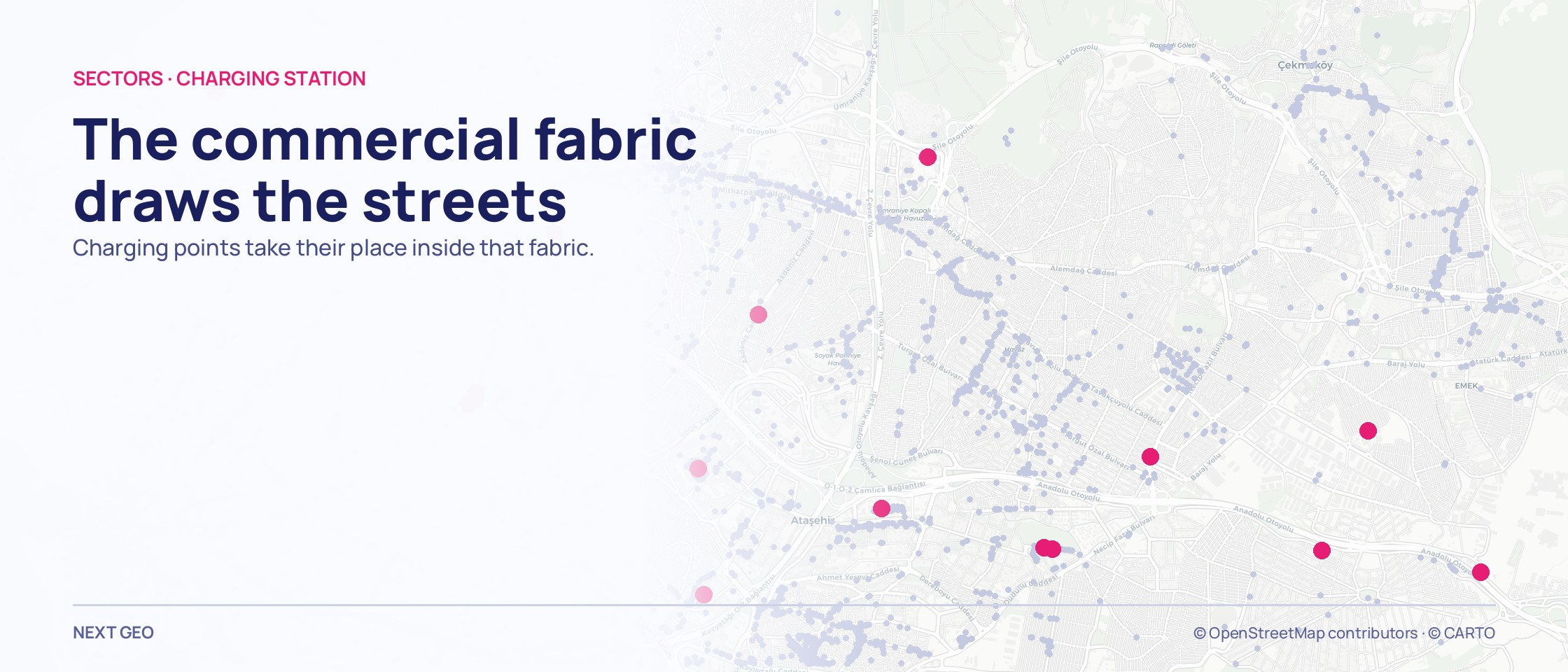 A district-scale map: pale lilac commercial points tracing the streets, with pink charging points standing out on them.