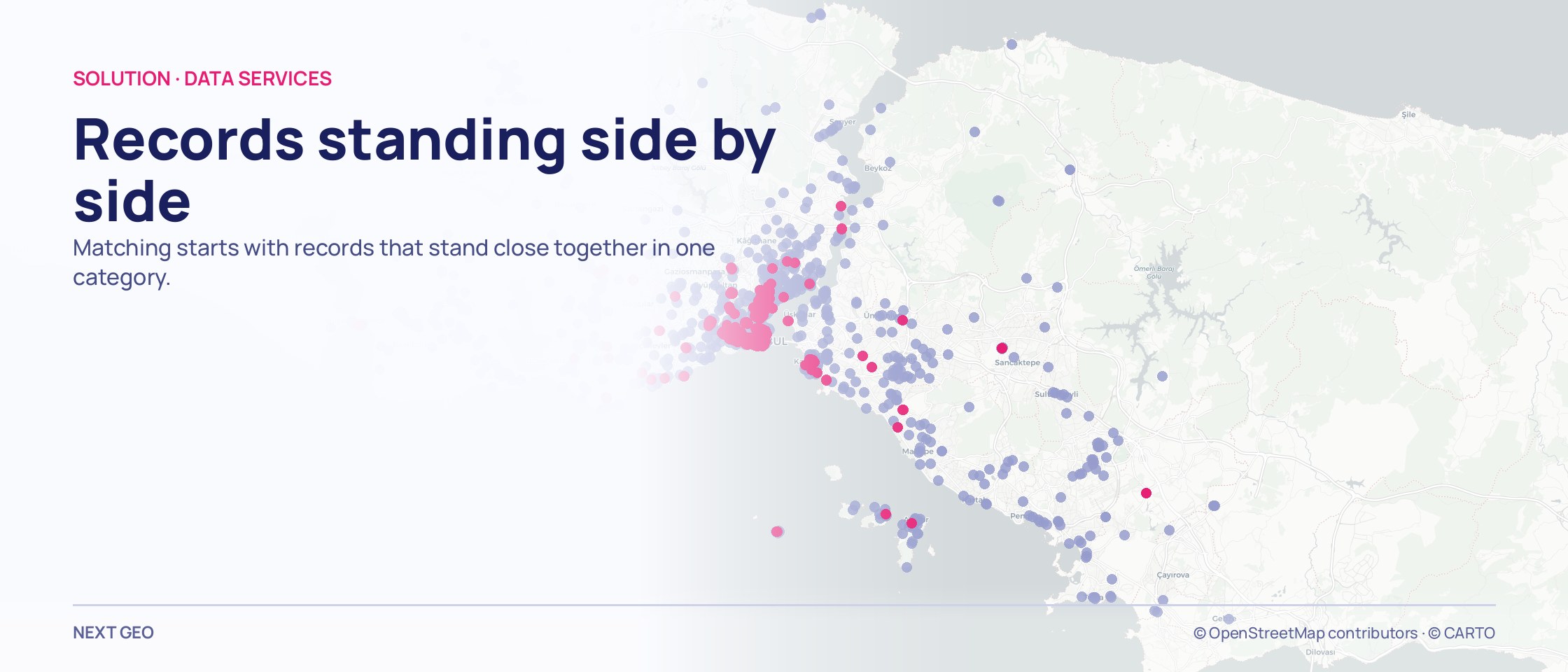 Records on a map of Istanbul in two colours: those standing close to another in pink, isolated ones in lilac, the pink ones clustering on the historic peninsula and Beyoğlu.