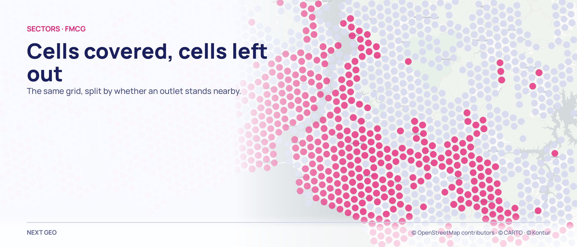 A grid of cells over metropolitan İstanbul: some of them pink, the rest pale grey.