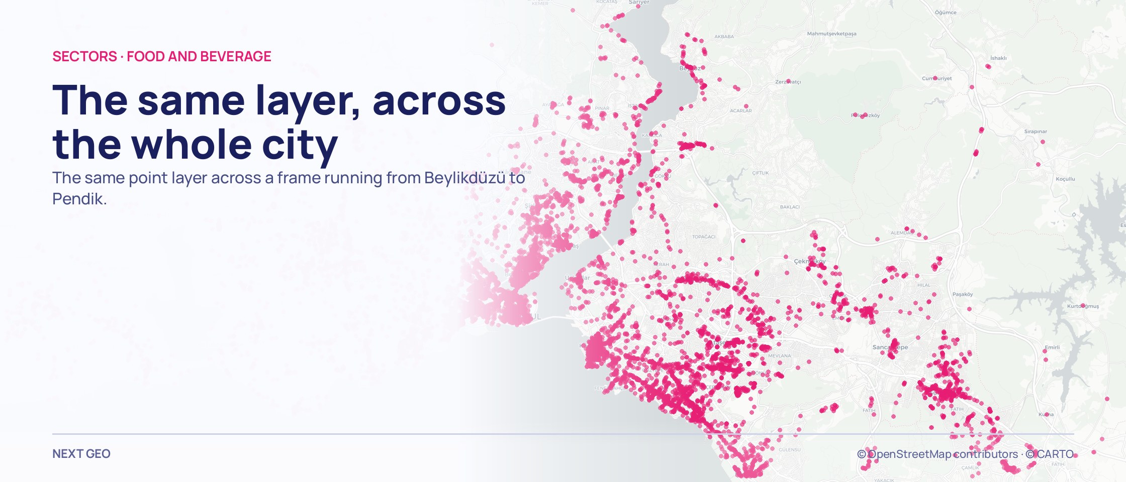 A pink city-scale fabric of food and drink points on a map running from Beylikdüzü to Pendik.