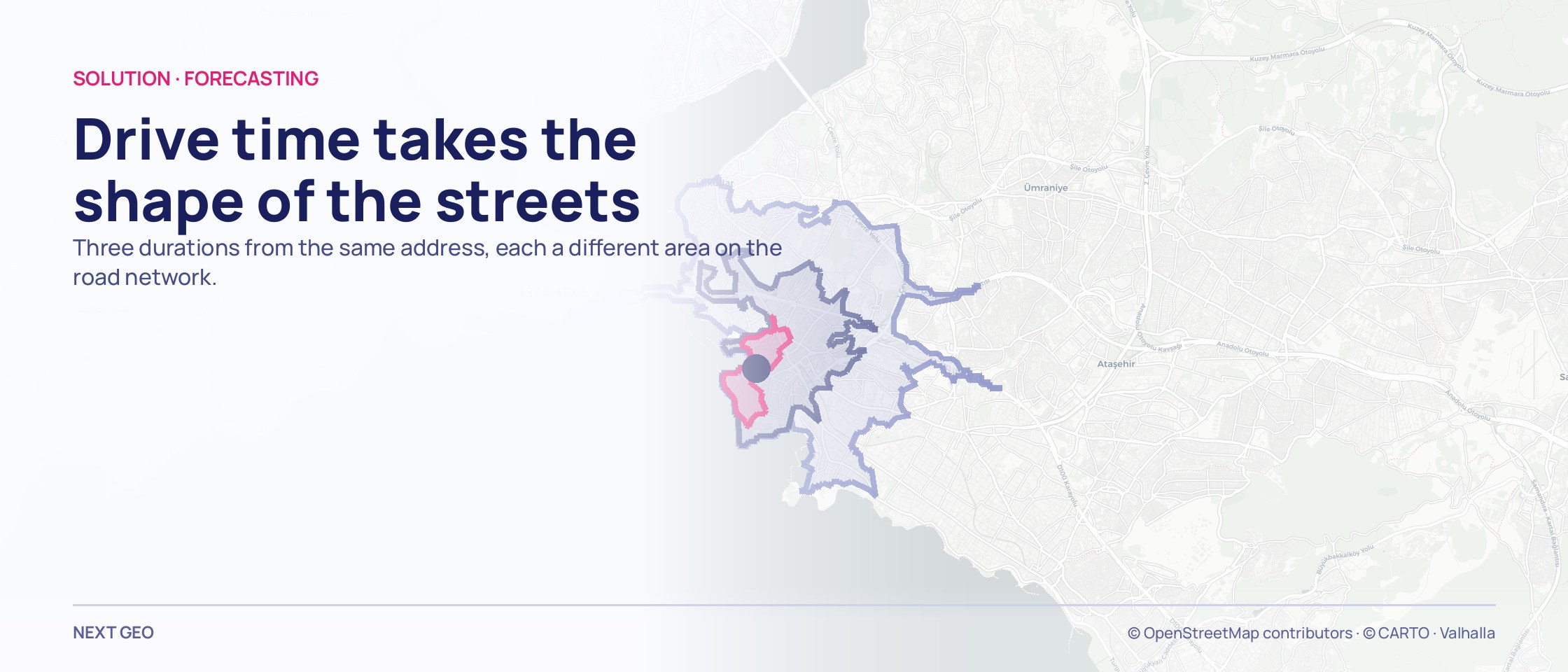 Three nested ragged outlines spreading from a single point on a Kadıköy map: drive areas following the street network.