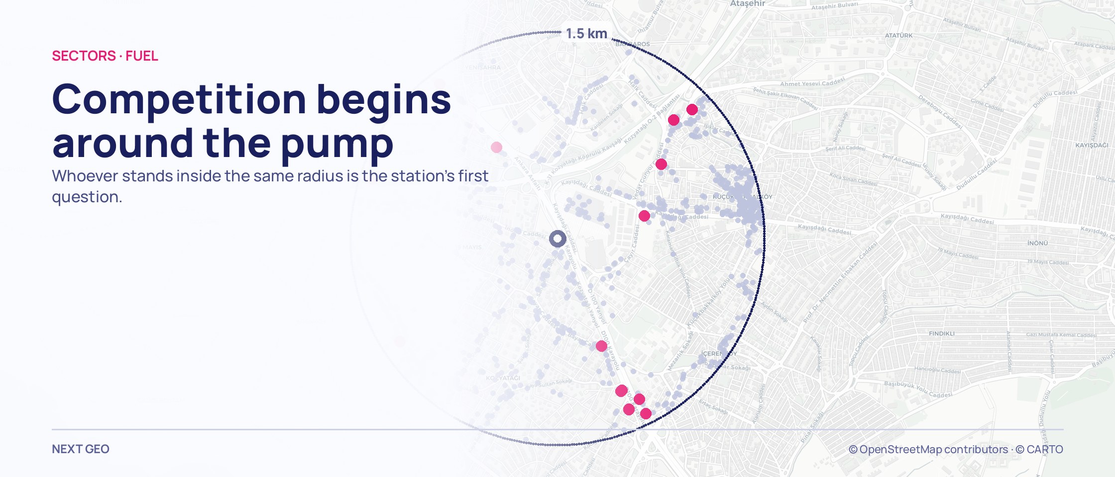 A navy ring on a pale neighbourhood-scale map: lilac business dots tracing the avenues, pink fuel forecourts scattered among them, and a dark mark at the centre.
