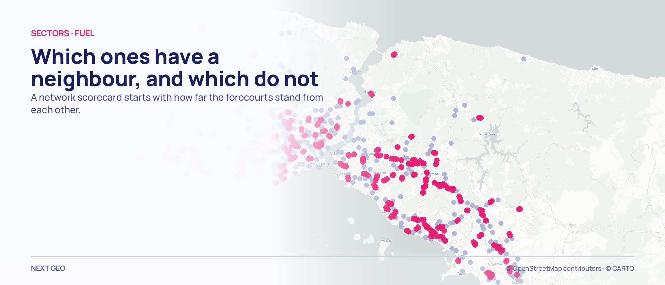A two-tone network of dots over a pale province map: forecourts with another one close by in pink, those standing alone in lilac.