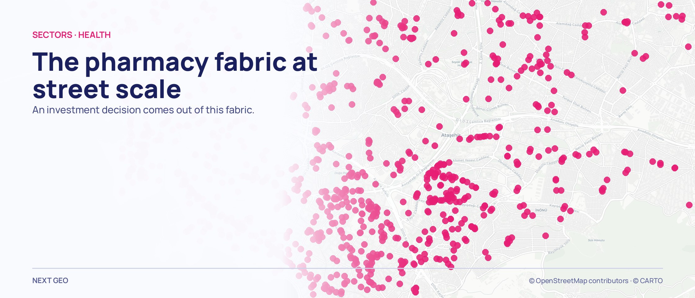 A street-scale pink dot field of pharmacies on a pale map covering Kadikoy, Atasehir and Maltepe.
