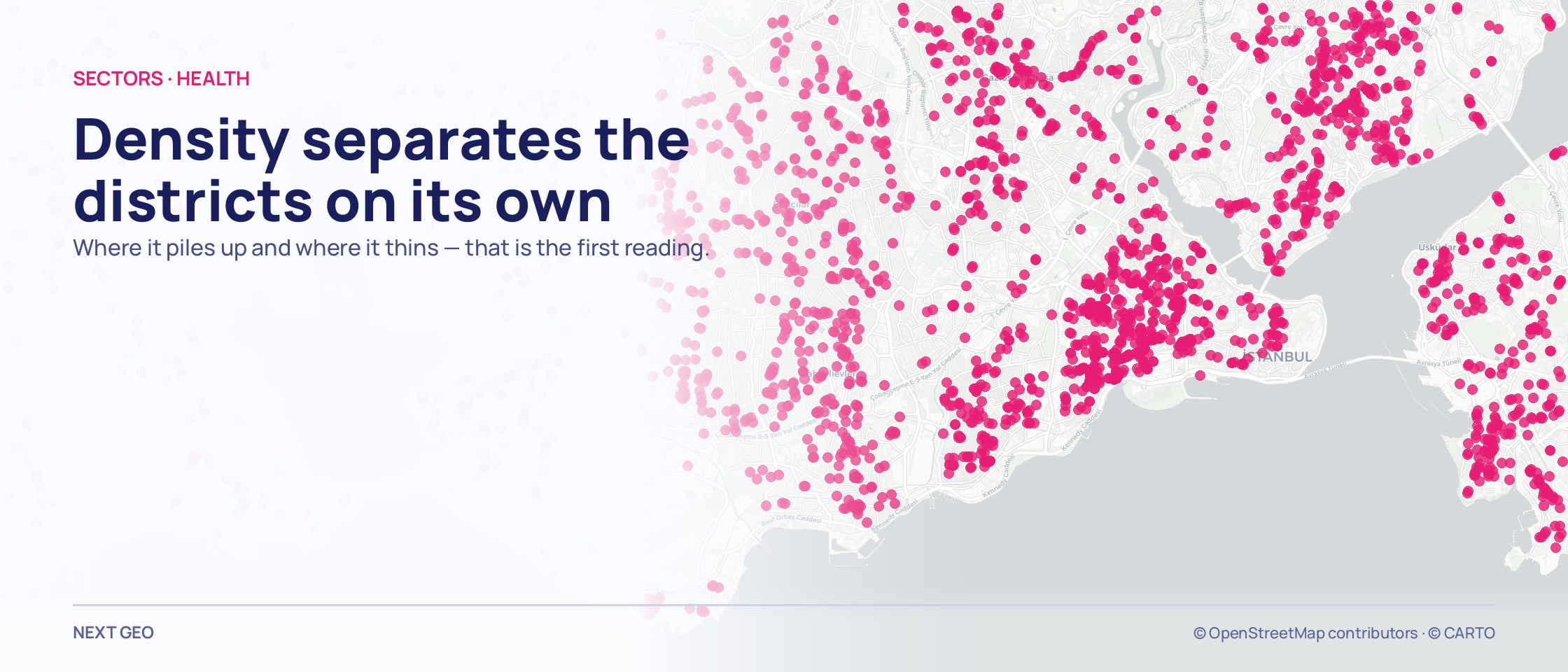A dense pink dot field of pharmacies on a pale map running from Avcilar to Fatih.