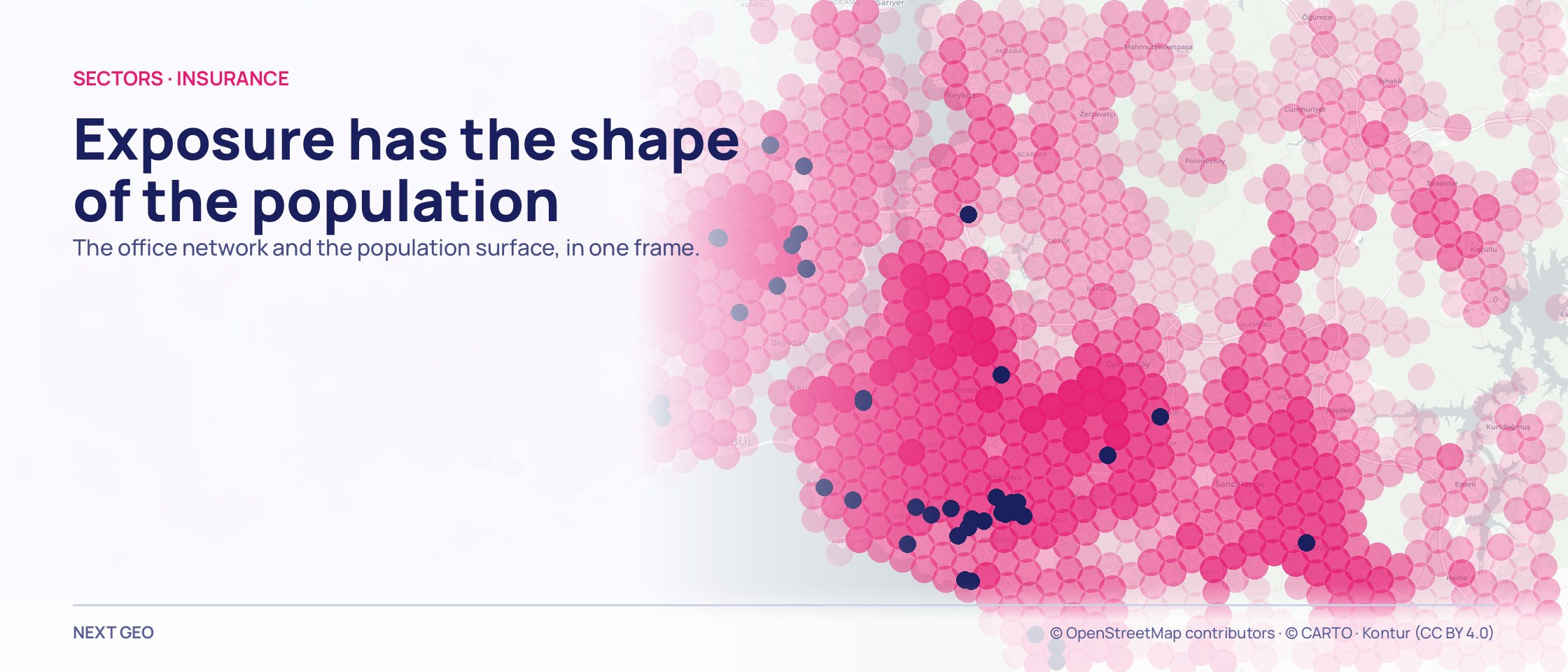 A pink surface darkening with population over a map of Istanbul, with insurance offices as navy dots.