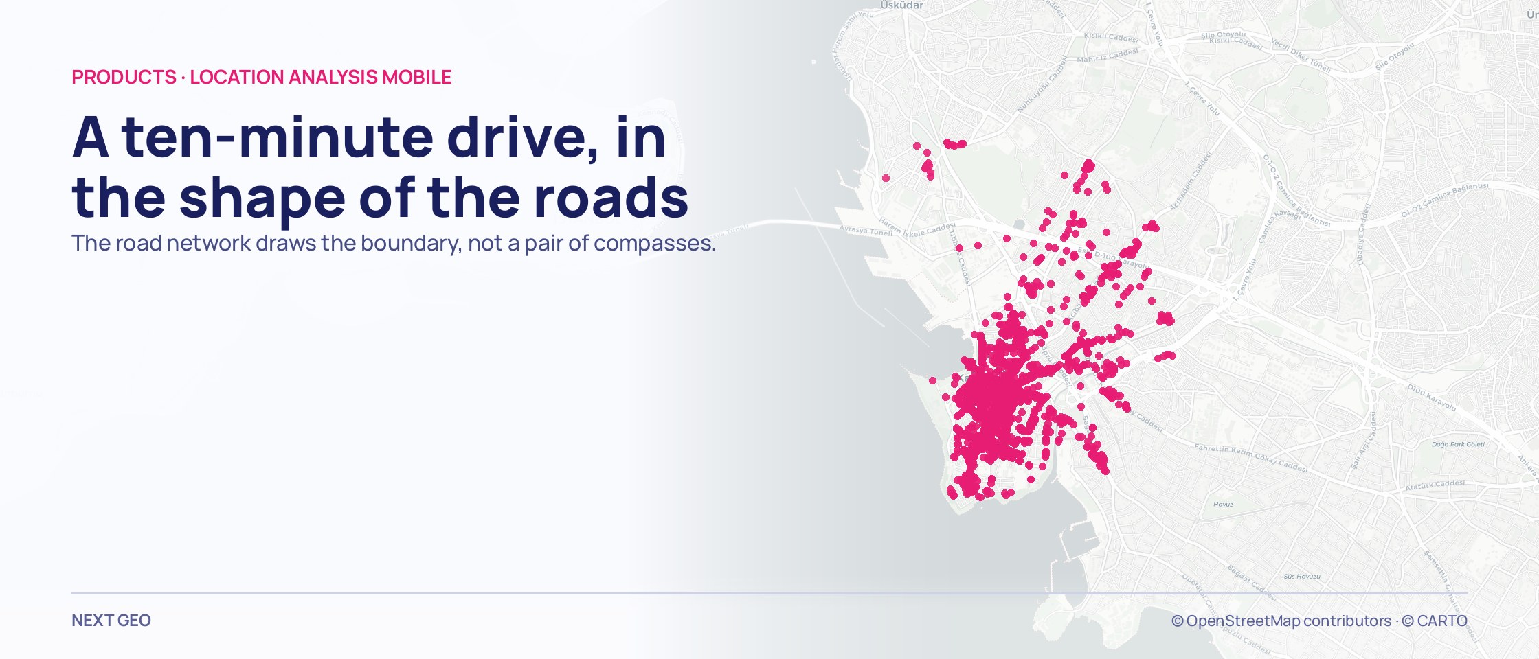 A dense pink cluster of dots branching along the roads on the right of a pale İstanbul map, with nothing marked outside it.