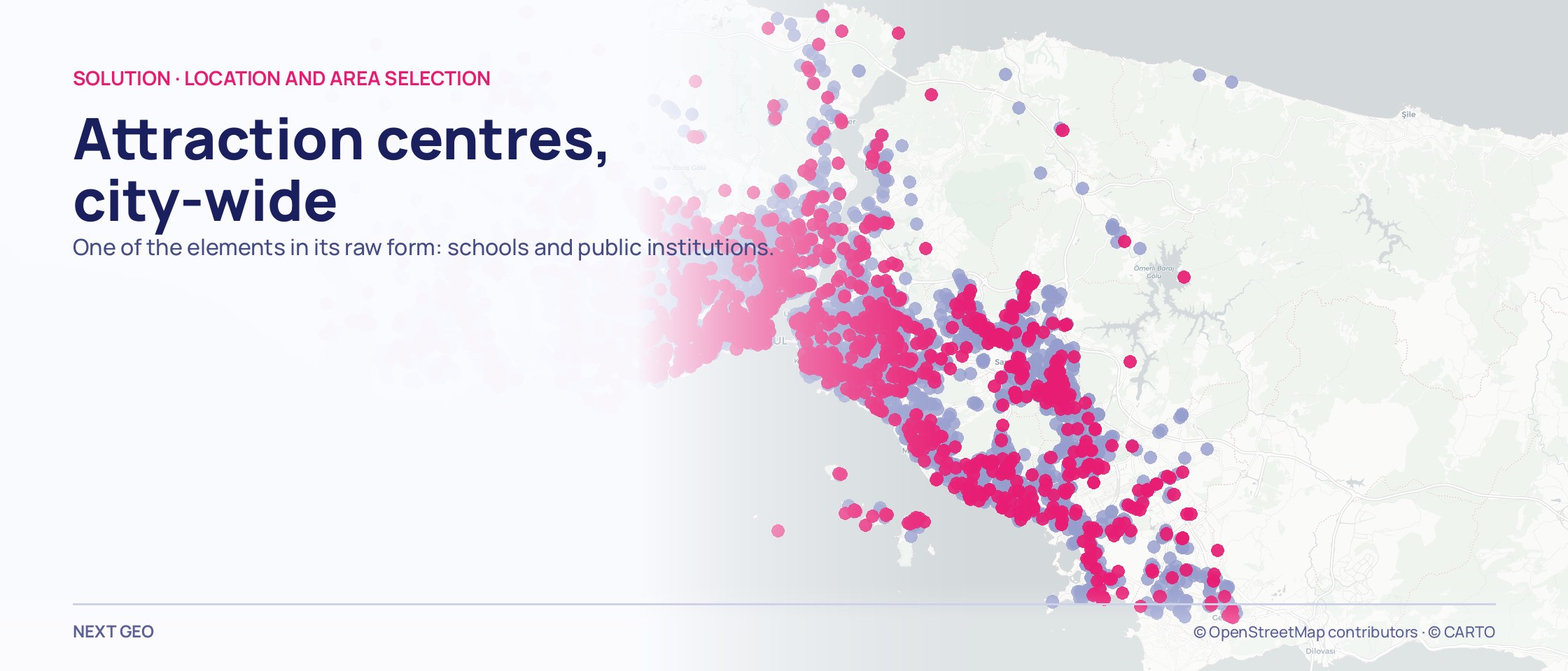 A pale grey map of Istanbul carrying two point clouds: lilac dots for schools, pink dots for public institutions, both thickening along the shoreline and the main road axis.