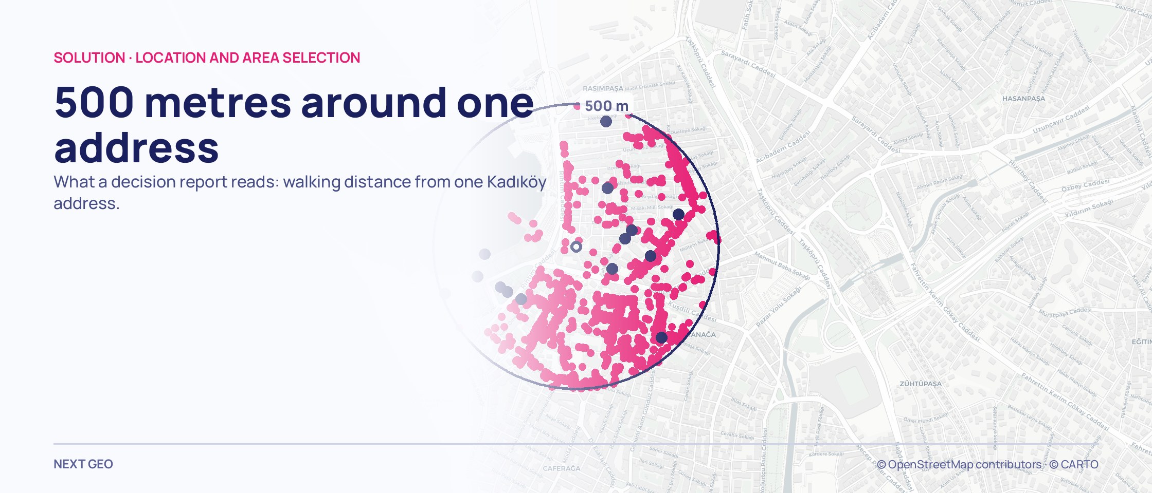 A dotted 500-metre ring on the Kadıköy street map, filled with pink commercial records and a few navy schools and public institutions; outside the ring the map is left empty.