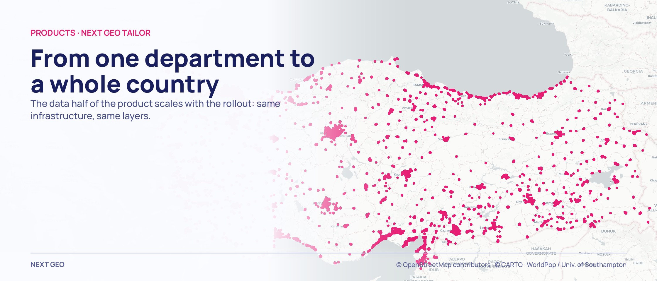 Pink clusters of dots on a pale map of Türkiye: densely settled areas thickening in the west and along the coasts and thinning to single cities inland.