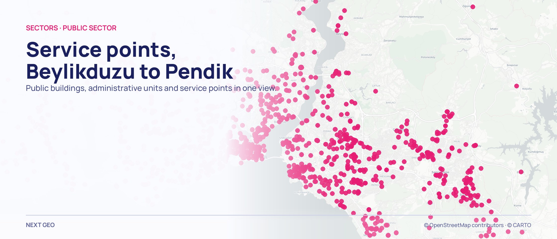 A pink dot field of public service points on a carto-light map of Istanbul.