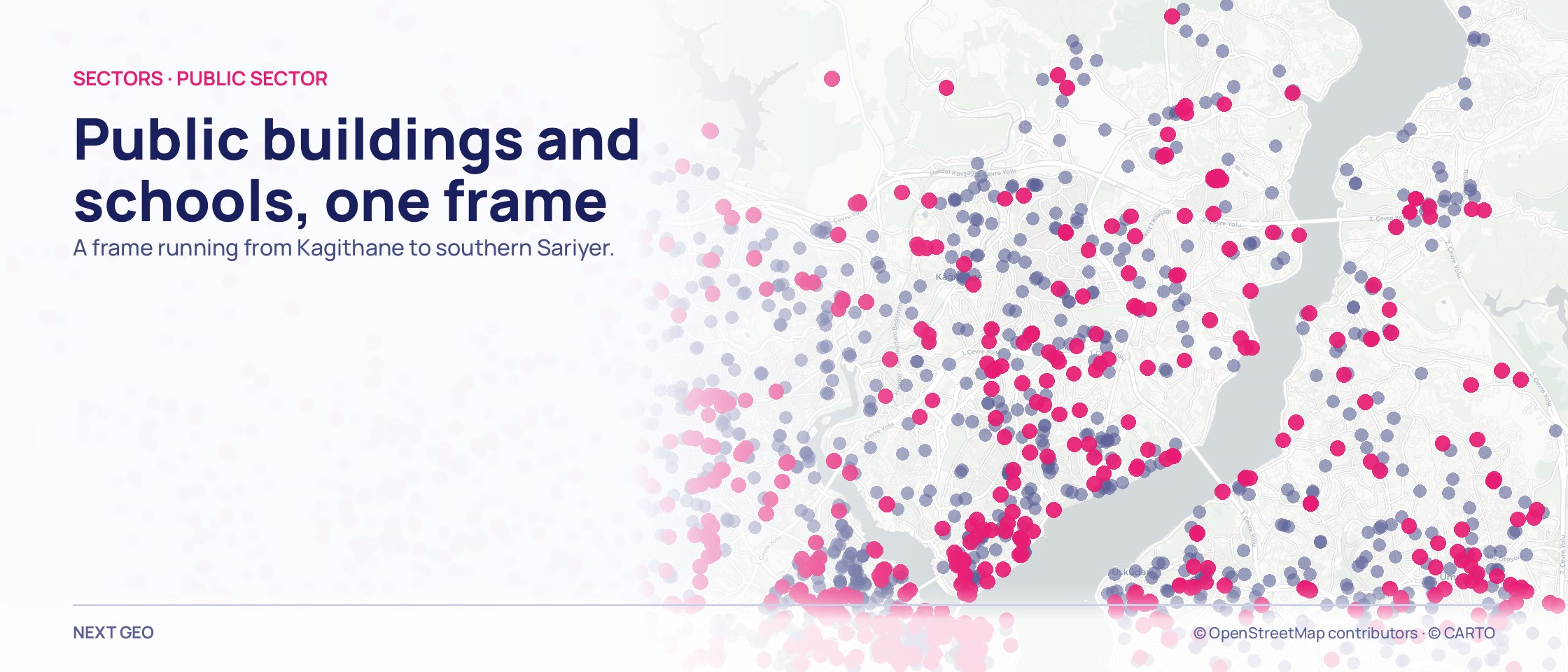 A two-layer map of pink public points over navy education points across the Kagithane–Sisli frame.