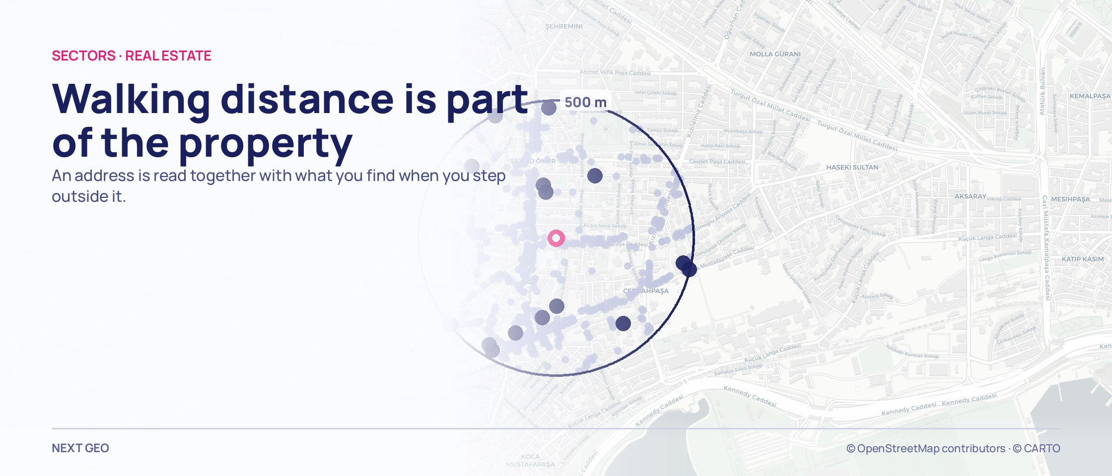 A navy ring on a pale street-scale map: lilac business dots strung along the avenue, dark navy education points among them, and a pink mark at the centre.