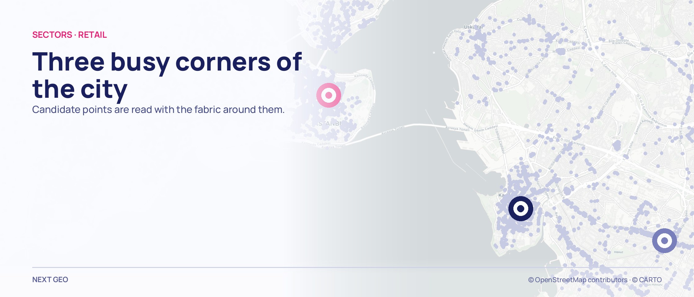 Pale lilac retail dots across a map of the historic peninsula and Kadıköy, with pink, navy and violet target marks at three separate points.