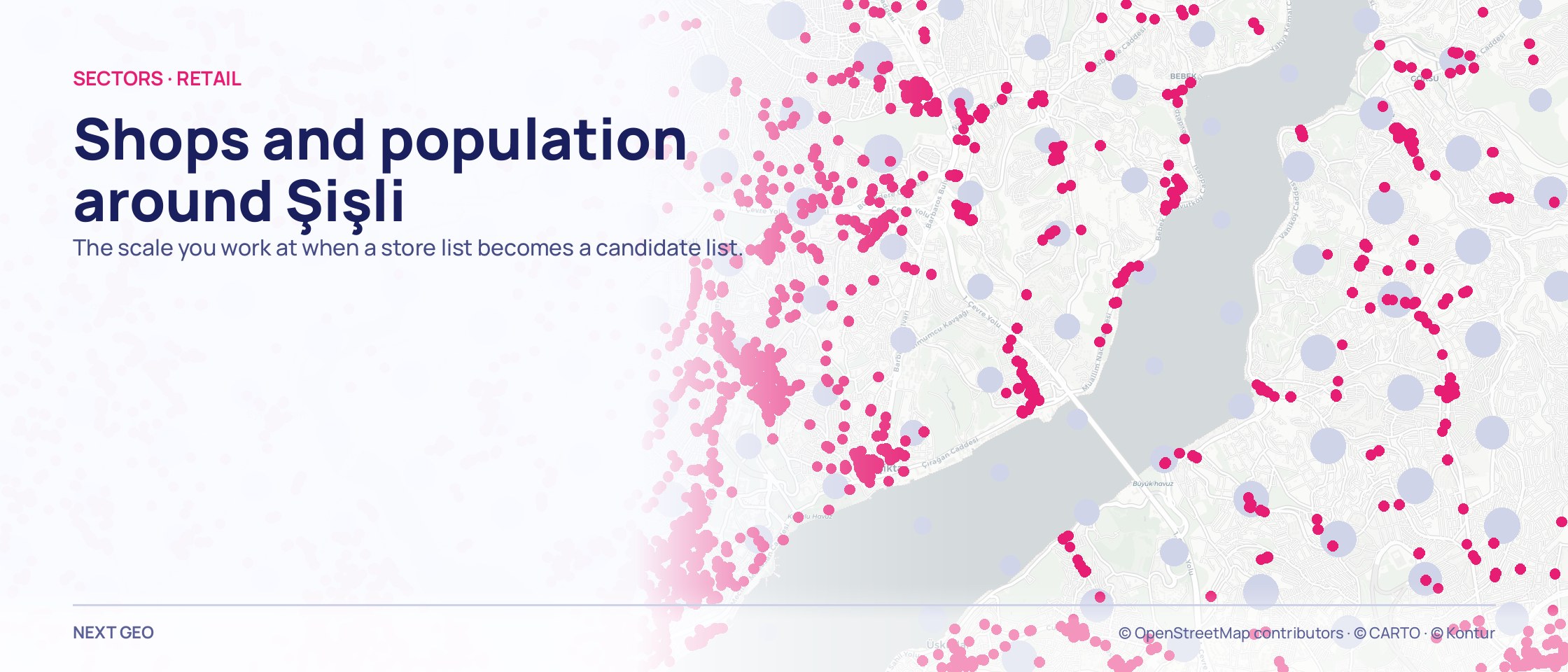 A district-scale map: pink retail points thickening along the main avenues over pale grey circles that grow with population.