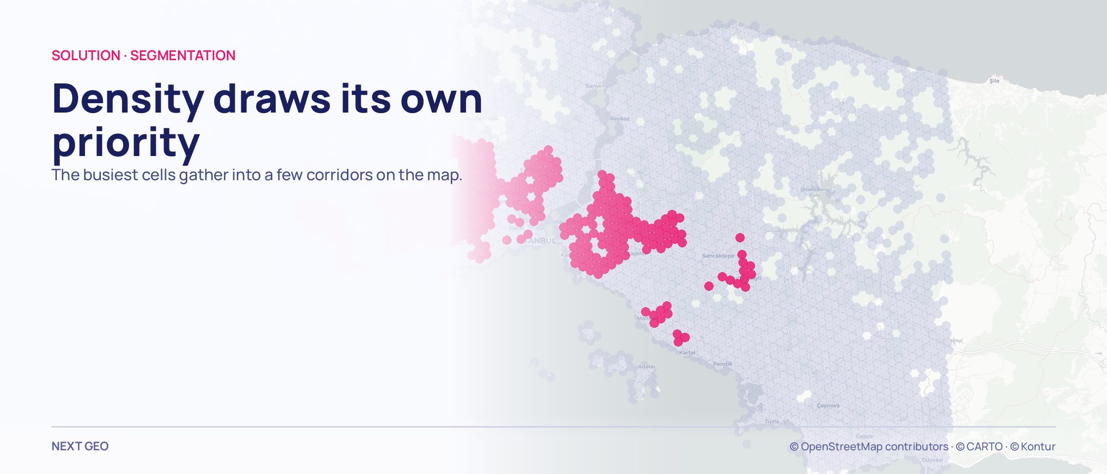Population cells over a map of Istanbul in two colours: the densest in pink, the rest in lilac, with the pink cells gathering into a few corridors.