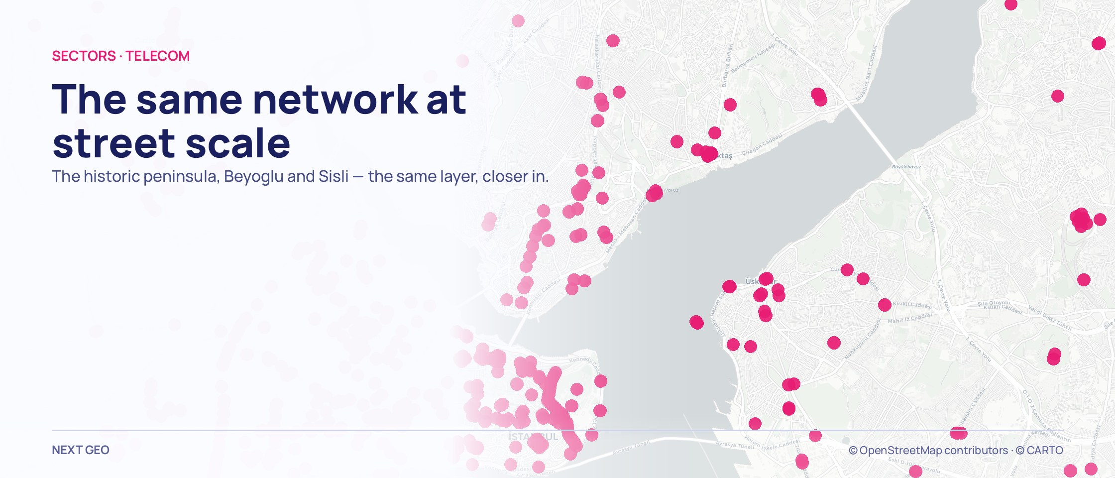 The street-scale spread of telecom points across the Fatih–Sisli frame.