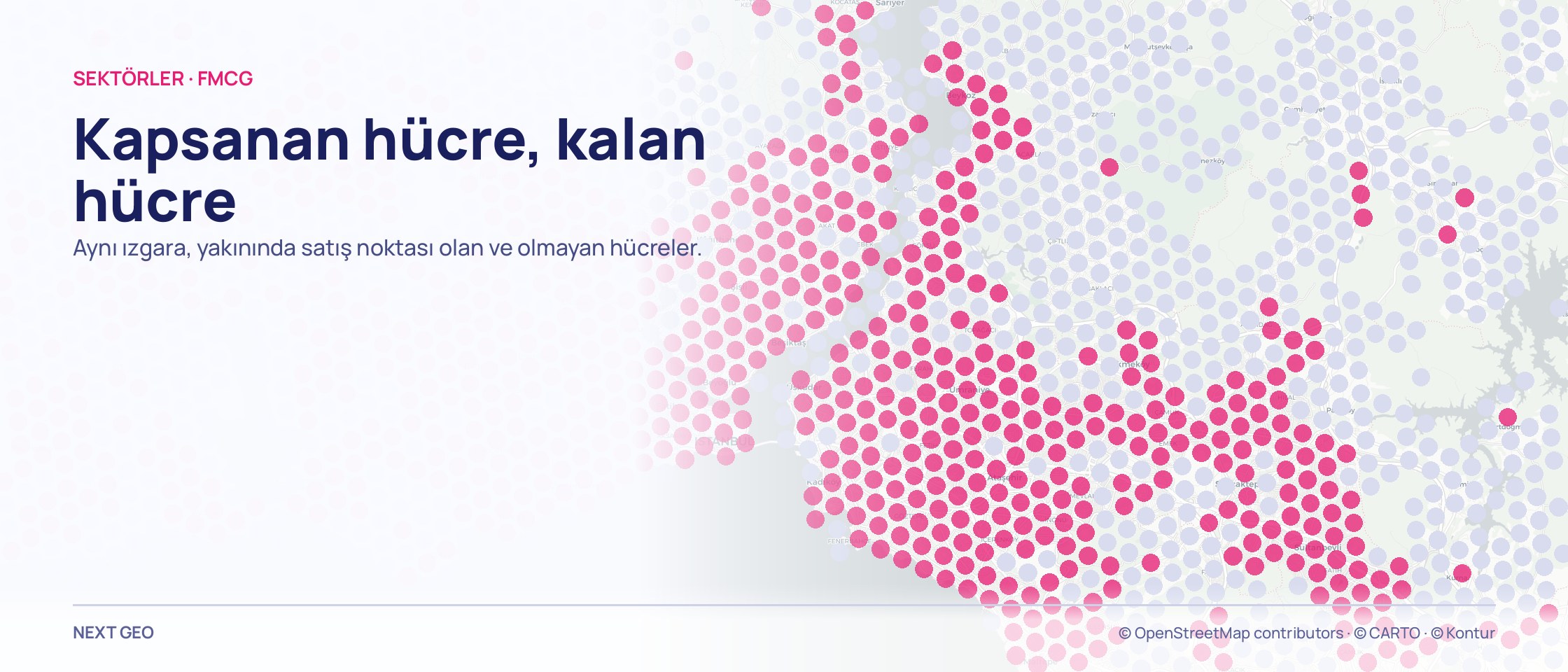 Metro İstanbul haritasında hücrelerden oluşan bir ızgara: bir bölümü pembe, geri kalanı açık gri.