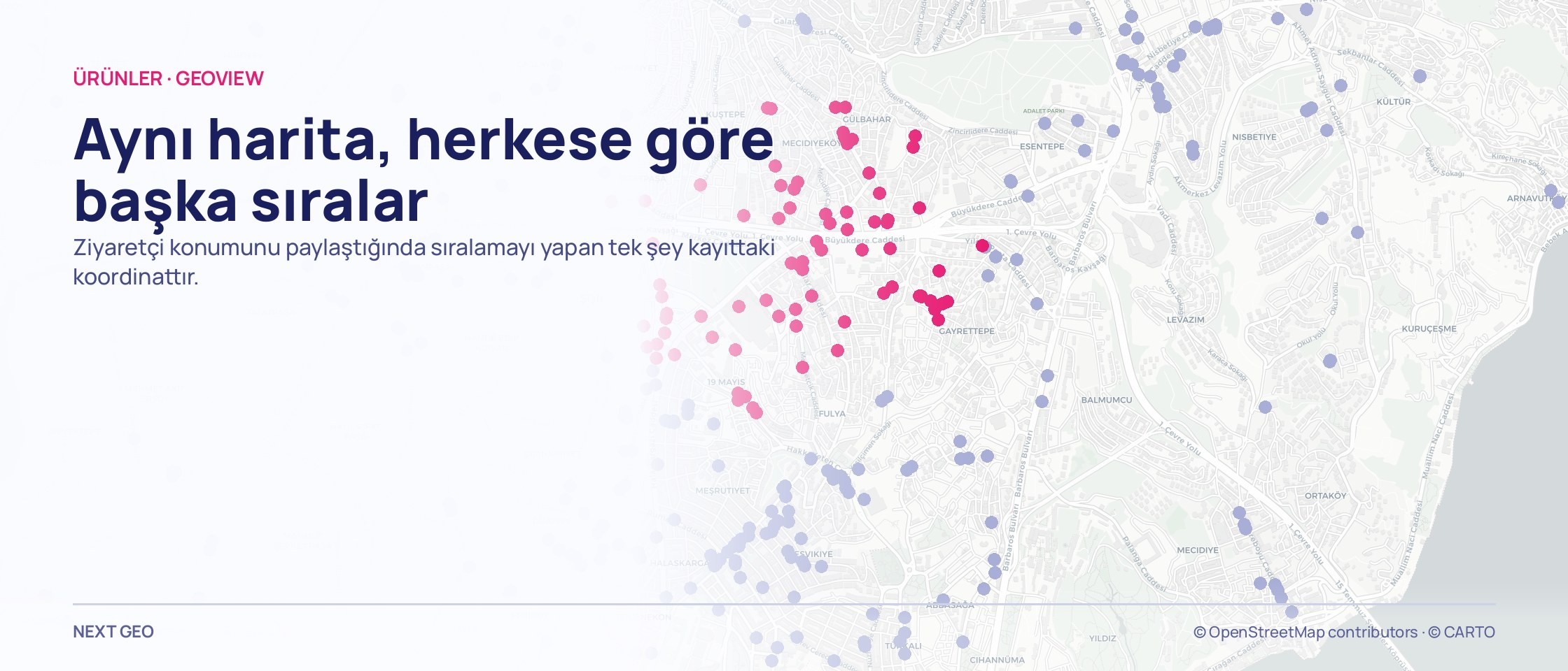 Şişli–Beşiktaş haritasında dağılmış soluk mor noktalar; ortadaki kümede olanlar pembe.