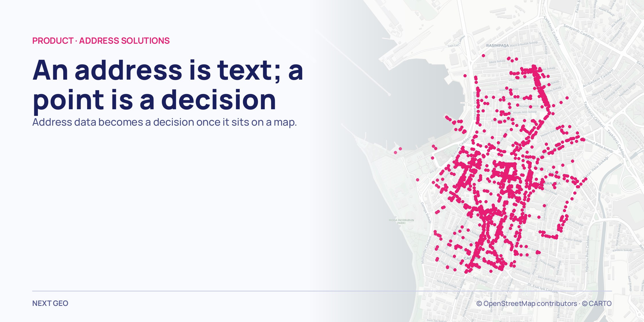 A close pale grey street map; commercial records as pink dots following the line of the avenue.