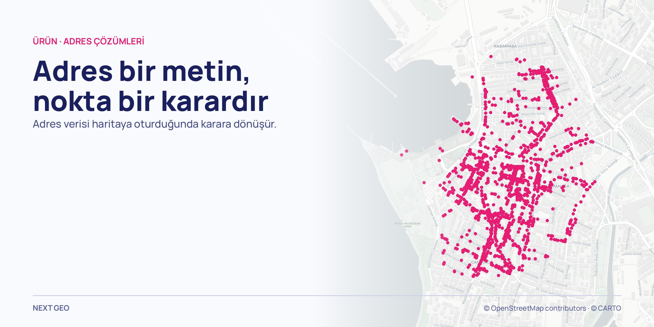 Açık gri sokak haritasının yakın bir kesiti; ticari kayıtlar pembe noktalar hâlinde cadde hattını izliyor.