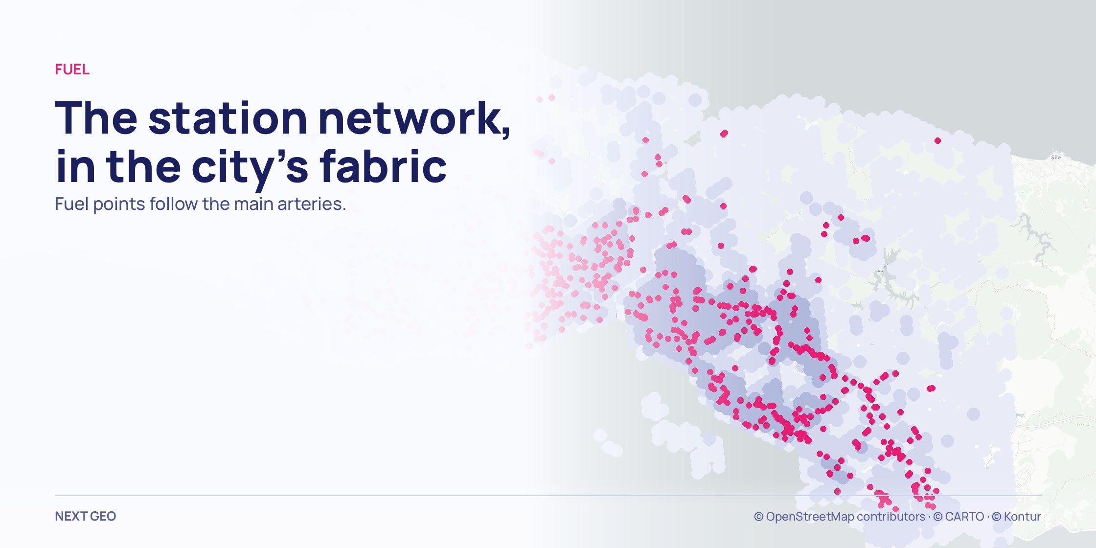 A pale grey map of Istanbul province; over a soft blue population field, fuel points scattered in pink, following the main arteries.