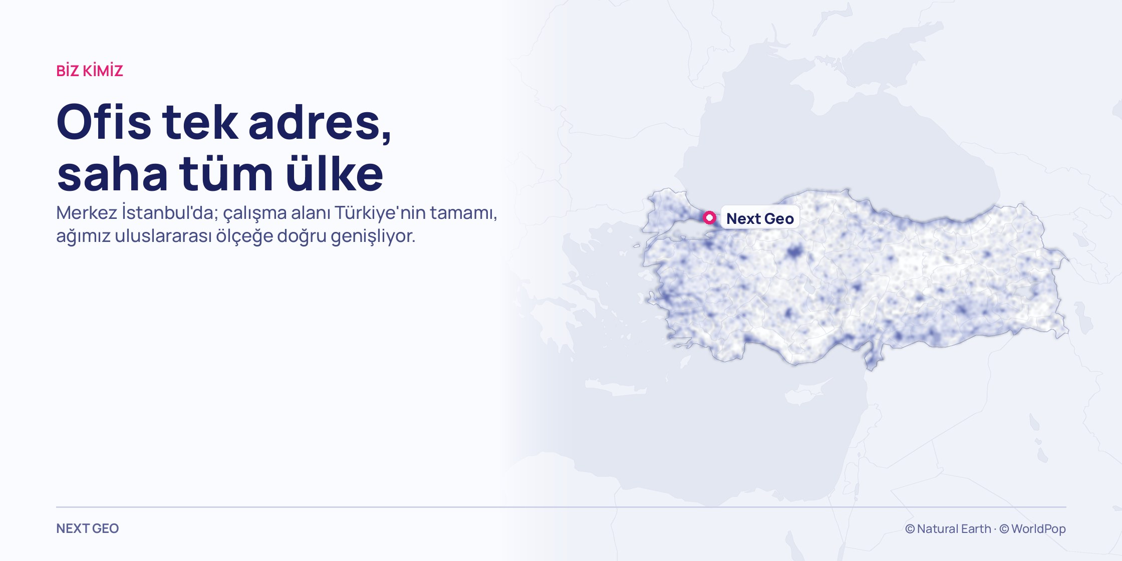 Türkiye haritası; ülkenin yerleşim dokusu mavi bir yoğunluk katmanı olarak işlenmiş, İstanbul'daki ofis pembe bir işaretle gösterilmiş, komşu ülkeler soluk bırakılmış.