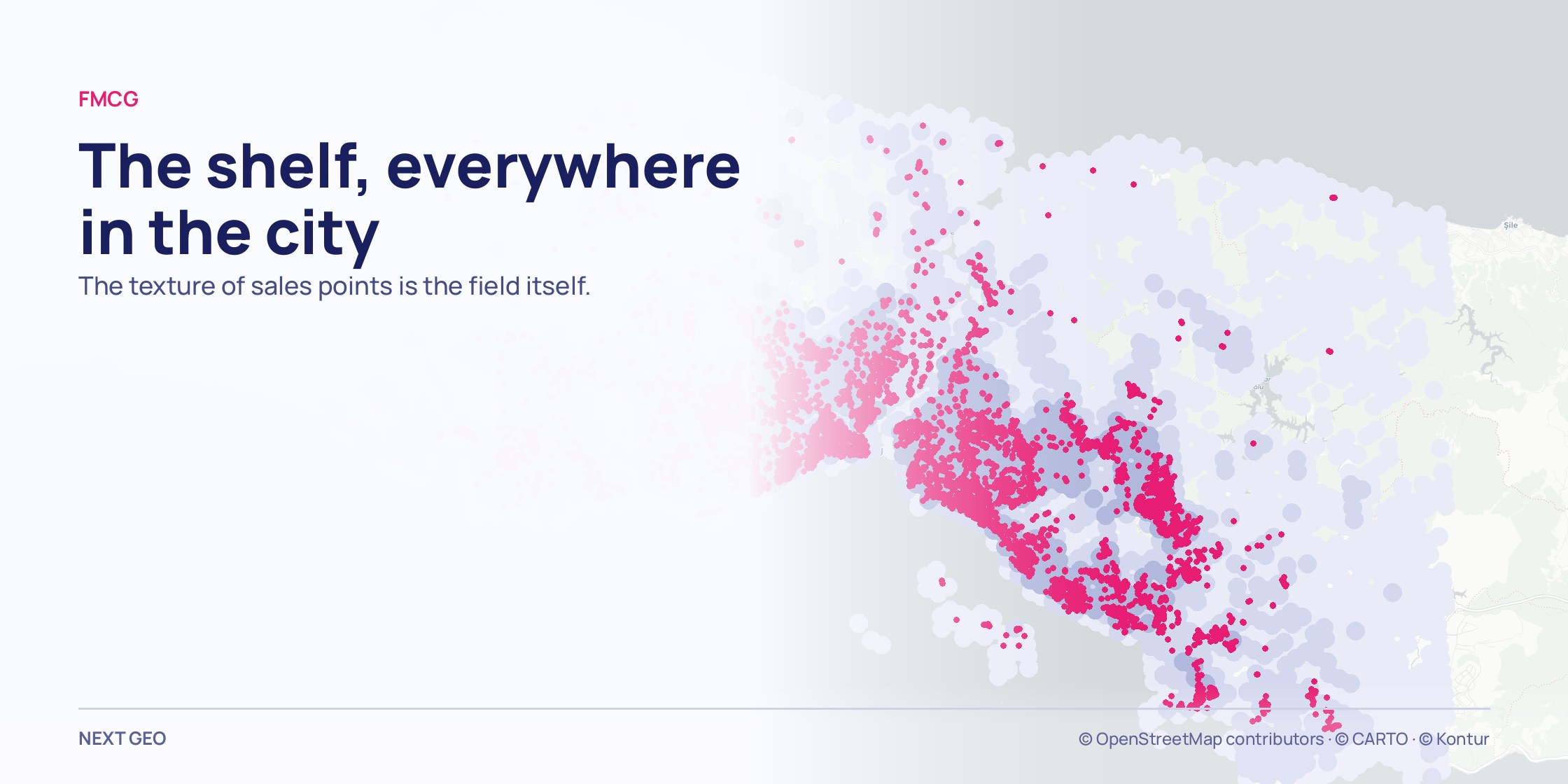 A pale grey map of Istanbul province; over a soft blue population field, grocery points in pink covering almost the whole built-up area.