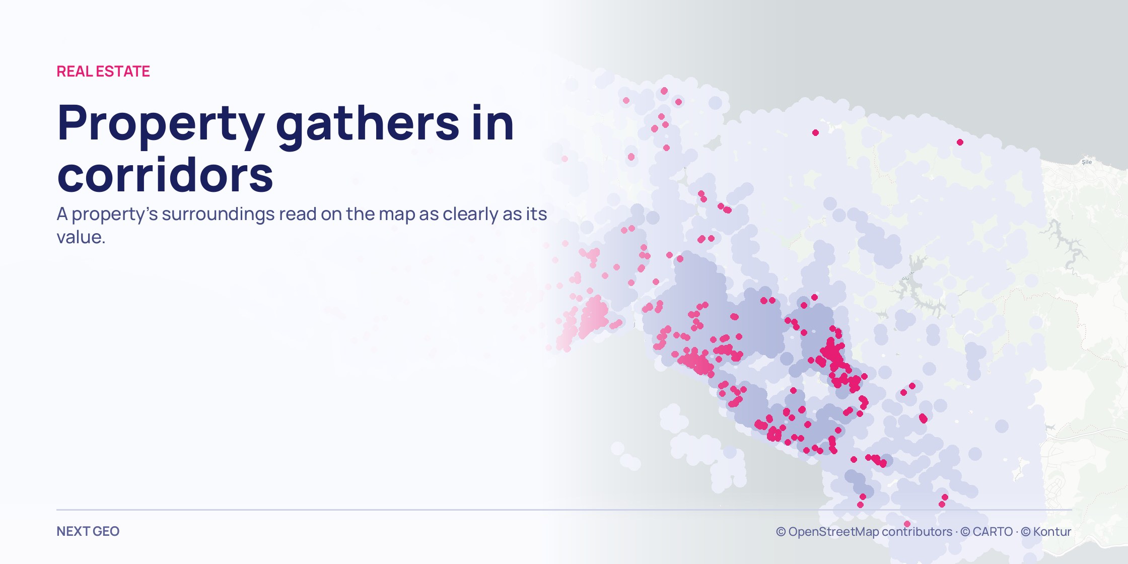 A pale grey map of Istanbul province; over a soft blue population field, property points in pink gathered into a few narrow corridors.