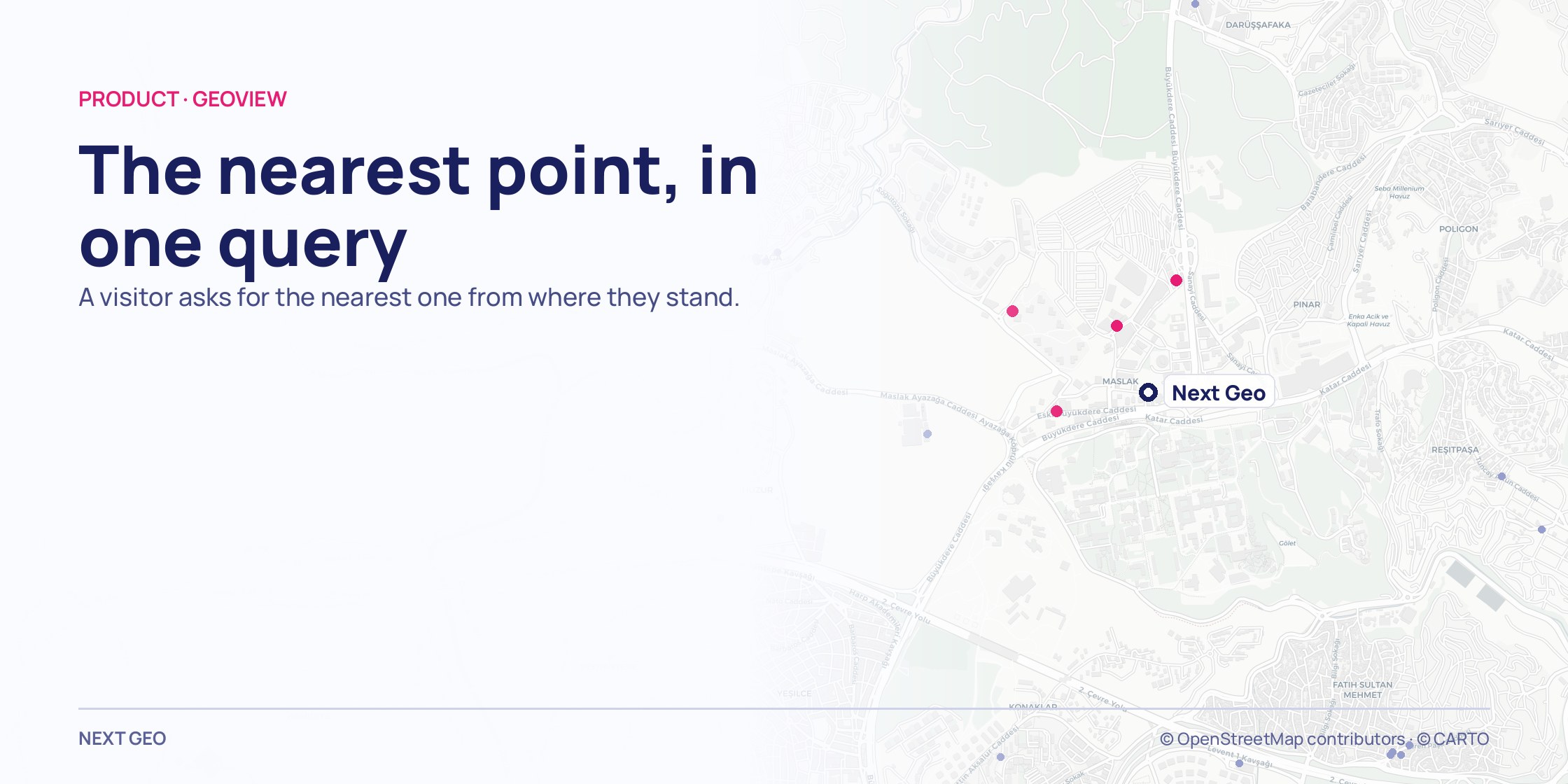 A pale grey map of Maslak; the Next Geo office marked in navy with nearby points picked out in pink.