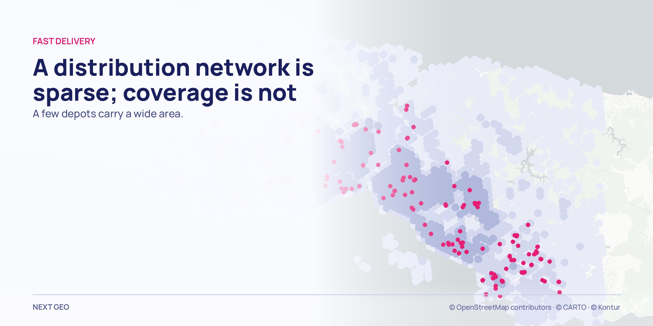 A pale grey map of Istanbul province; over a soft blue population field, logistics points scattered thinly in pink.
