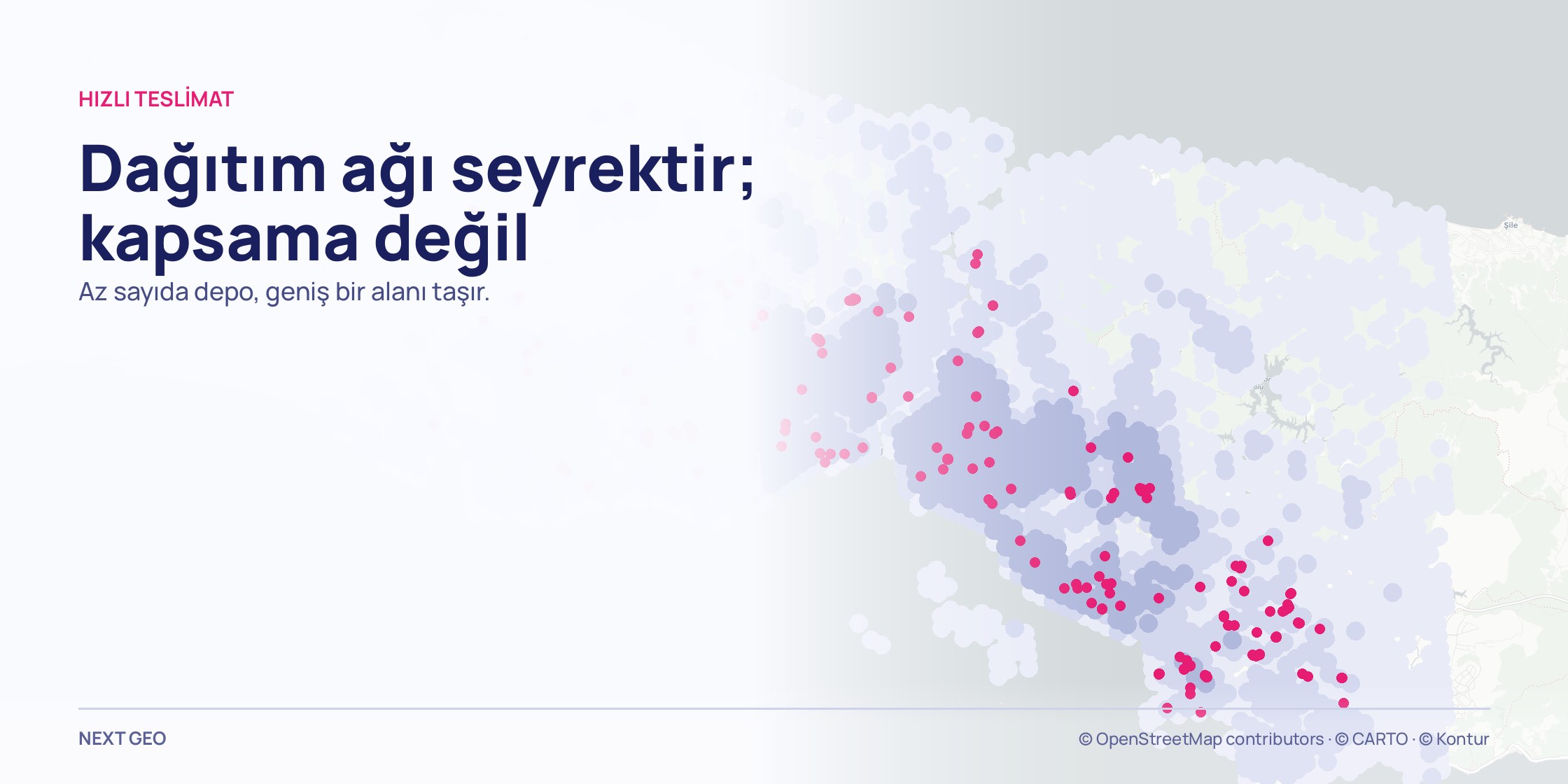 Açık gri İstanbul il haritası; soluk mavi nüfus dokusunun üzerine lojistik noktaları pembe olarak seyrek biçimde dağılmış.