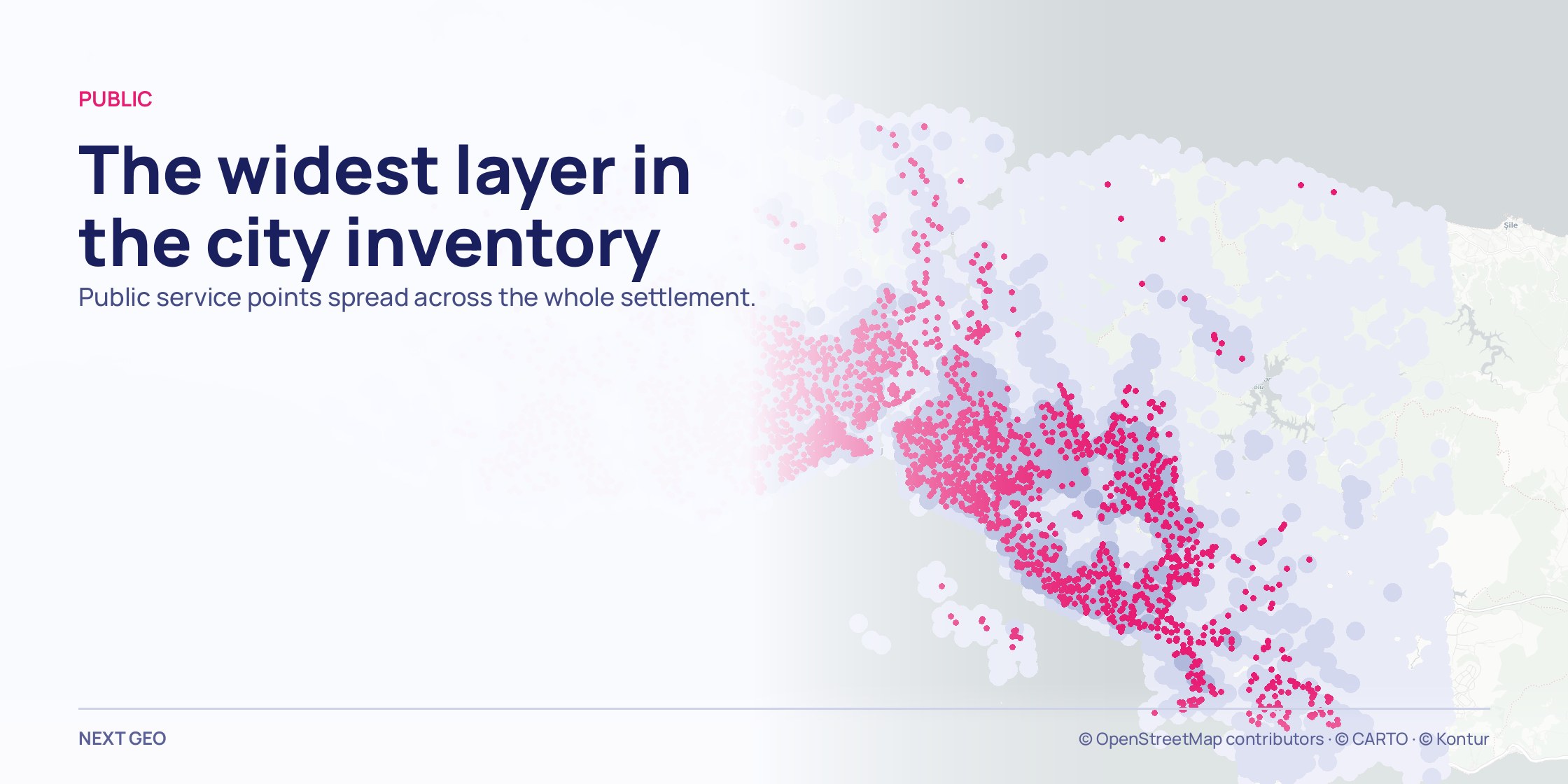 A pale grey map of Istanbul province; over a soft blue population field, education points in pink spread across the whole built-up area.