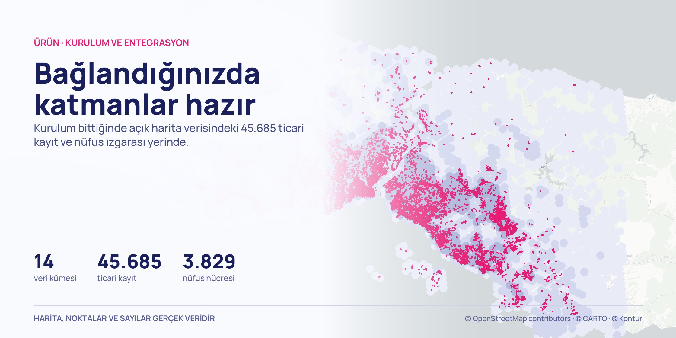 Açık gri İstanbul il haritası; nüfus ızgarası ve 45.685 ticari kayıt aynı çerçevede birlikte çizilmiş.