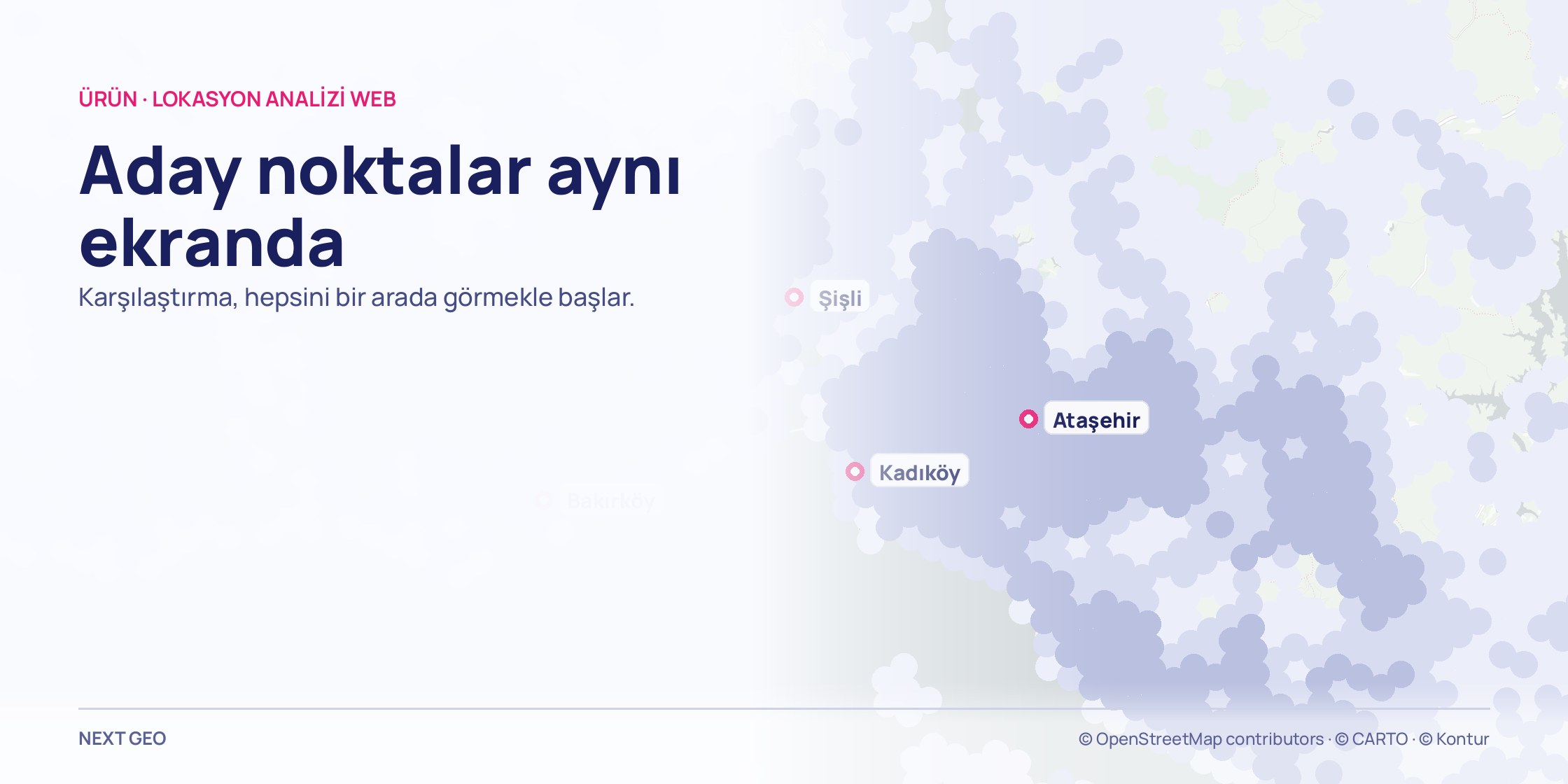 Açık gri İstanbul haritası, soluk mavi nüfus dokusu üzerinde dört aday nokta pembe işaretlerle adlandırılmış.