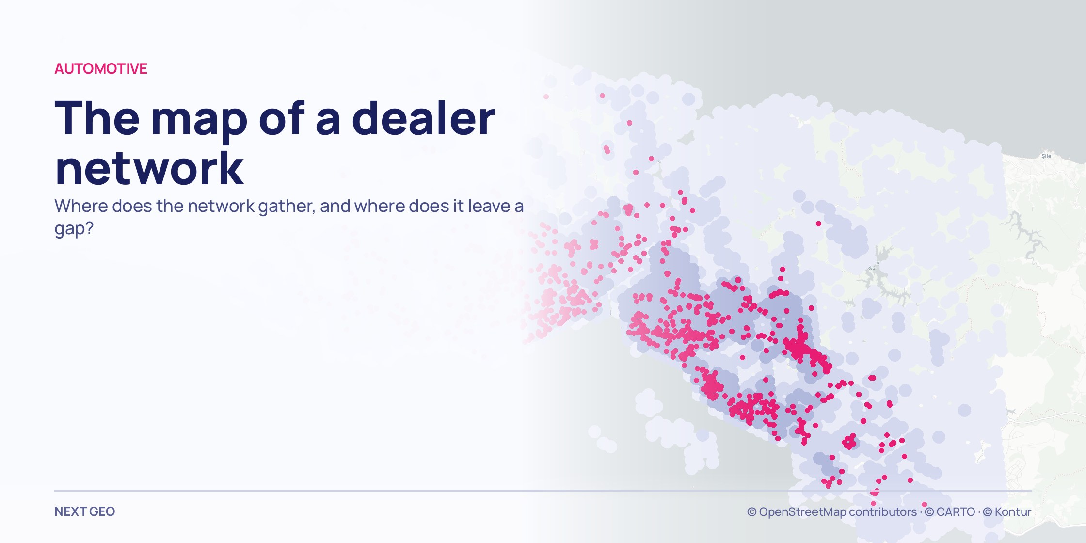A pale grey map of Istanbul province; over a soft blue population field, automotive points in pink clustering along the industrial corridors.